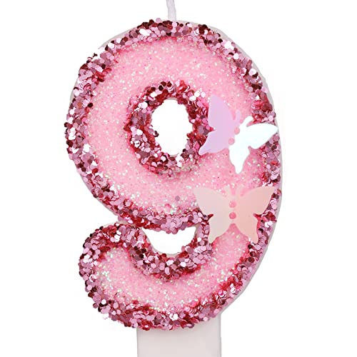 7,5cm Geburtstag Nummer Kerzen, Glitzernde Zahlenkerze Rosa Zahlenkerzen Kuchenaufsatz Schmetterlings-Geburtstagskerzen mit Pailletten für Jubiläumsfeiern (Nummer 9) von LUTER