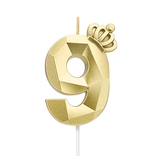 7,9 cm zahlen geburtstagskerzen, 3D-Zahlenkerze, mit Krone Große Kuchenkerzen Geburtstagskerzen Nummer Kuchenaufsatzkerze für Hochzeit Geburtstagsparty-Dekoration Feier (Gold, 9) von LUTER