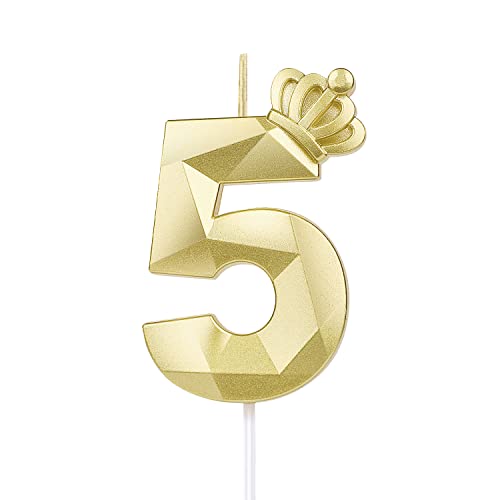 7,9 cm zahlen geburtstagskerzen, 3D-Zahlenkerze, mit Krone Große Kuchenkerzen Geburtstagskerzen Nummer Kuchenaufsatzkerze für Hochzeit Geburtstagsparty-Dekoration Feier (Gold,5) von LUTER