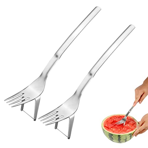 LUTER 2 Stück Wassermelonen Schneider, 2-in-1 Einfach Wassermelonen Schneider Gabel Edelstahl Obstschneidegabel Frucht Schneider für Sommerparty Camping Familie von LUTER