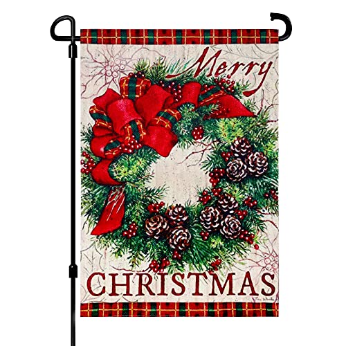 LUTER 32x47cm Weihnachten Garten Flagge, Dekorative Doppelseitige Winter Flagge Sackleinen Karierter Rand Kranz Gartenflaggen für Außen Dekoration Bauernhof Hof Wand Dekoration Weihnachtsdekoration von LUTER