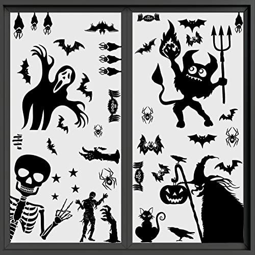 LUTER 4 Bögen Halloween Fensteraufkleber, fenster sticker Halloween fensterfolie gruseliger Geist Schädel Skelett Hexe Kürbis Fledermaus Teufel Deko für Zuhause Büro Geschäft Glastür Glasfenster von LUTER