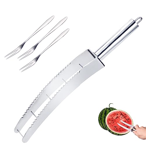 Wassermelonen Cutter mit 3 Obstgabeln, Edelstahl-Wassermelonenschneider Einfacher und Schneller Wassermelonen Schneider Praktische Obstmesser Salatmelonenschneider für Küchengeräte von LUTER