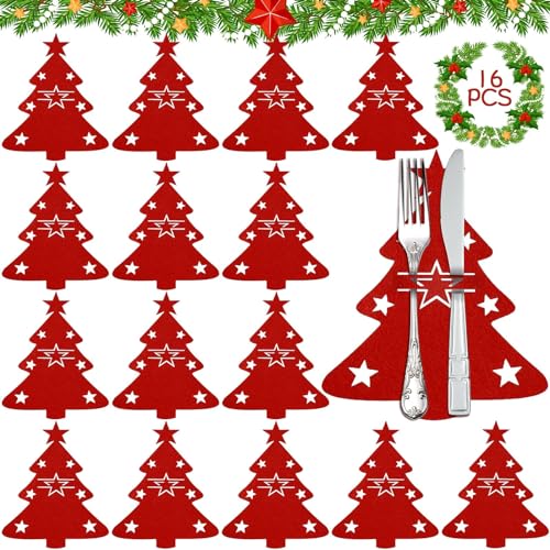 LUTFI 16 Stück Besteckhalter Weihnachten Filz, Rot Weihnachtsbaum Bestecktasche, Weihnachtsbaum Besteckhalter, Weihnachten Bestecktaschen für Party Weihnachts Tischdeko von LUTFI