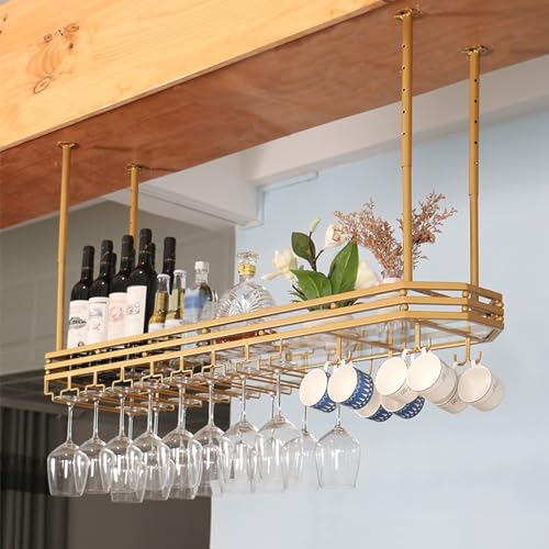LUTFI Weinregale Deckenmontiertes Weinregal und Glashalter mit Lichtern, verstellbares industrielles Weinregal, hängendes Weinregal Bar (Color : Gold, Size : 120x25cm) von LUTFI