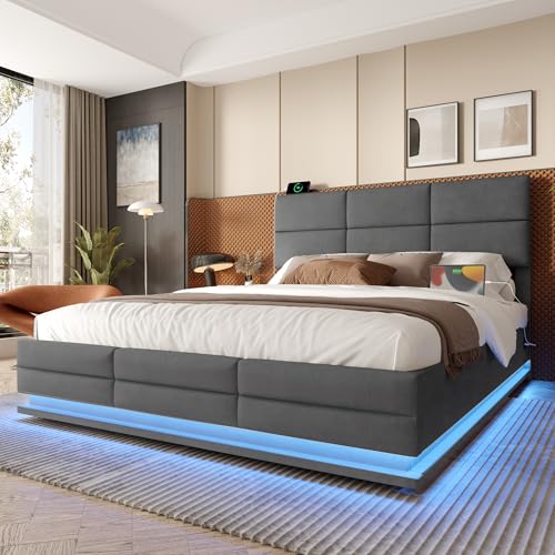 LUTUTU 140 x 200 cm Bettgestell aus weichem Samt mit USB Type C Ladefunktion und LED Beleuchtung, Hydrauliksystem Stauraum Bettgestell aus Samtmaterial Jugendbett mit Lattenrost, Grau von LUTUTU