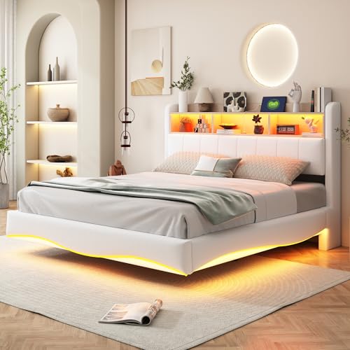 LUTUTU 160 x 200 cm Abgehängtes Design Polsterbett aus Leinenstoff, multifunktionales Stauraumbett mit LED-Licht, USB- und Type-C-Schnittstelle (Beige) von LUTUTU