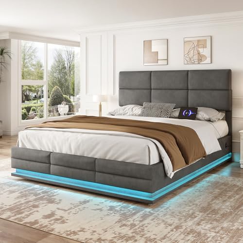 LUTUTU 160 x 200 cm Bettgestell aus weichem Samt mit USB Type C Ladefunktion und LED Beleuchtung, Hydrauliksystem Stauraum Bettgestell aus Samtmaterial Jugendbett mit LattenrosT, Grau von LUTUTU