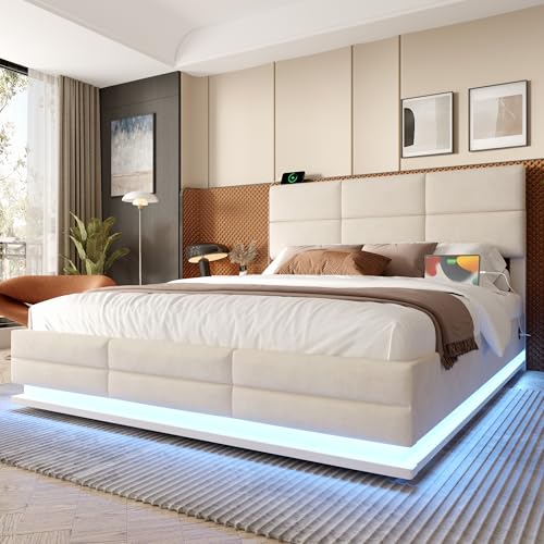 LUTUTU 180 x 200 cm Bettgestell aus weichem Samt mit USB Type C Ladefunktion und LED Beleuchtung, Hydrauliksystem Stauraum Bettgestell aus Samtmaterial Jugendbett mit LattenrosT, Beige von LUTUTU