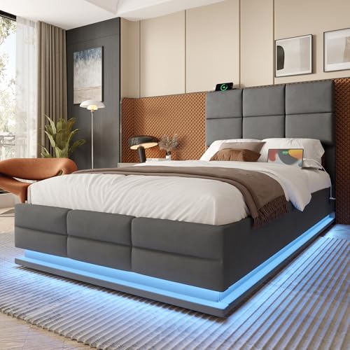 LUTUTU 90 x 200 cm Bettgestell aus weichem Samt mit USB Type C Ladefunktion und LED Beleuchtung, Hydrauliksystem Stauraum Bettgestell aus Samtmaterial Jugendbett mit LattenrosT, Grau LUTUTU 90 x 200 cm Bettgestell aus weichem Samt mit USB Type C Ladefunktion und LED Beleuchtung, Hydrauliksystem Stauraum Bettgestell aus Samtmaterial Jugendbett mit LattenrosT, Grau von LUTUTU