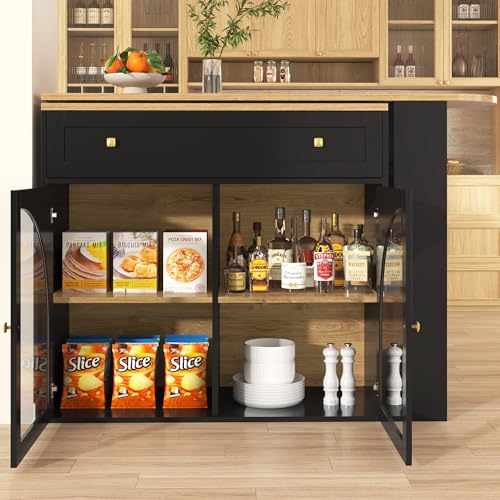 LUTUTU Ausziehbarer Bartisch mit Stauraum(138-204×39×104cm), 360° drehbare Essbar,Moderner Beweglicher Bar Table,Hochtisch Kücheninsel Bistro Table, Sideboardschrank mit Regalen und Glas (Schwarz) von LUTUTU