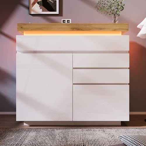 LUTUTU Kommode, Hochglanz Sideboard mit 2 Türen und 3 Schubladen, LED Beleuchtung (App Control), Mehrzweckschrank für Wohnzimmer und Schlafzimmer, 115 x 110 x 39 cm, Weiß(2) von LUTUTU