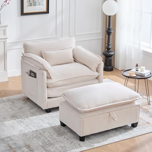 LUTUTU Moderner übergroßer Sessel mit Fußstütze und Hocker, Samt-Loungesessel mit Seitentaschen und Kissen, bequemer Lesesessel für Wohnzimmer, Schlafzimmer und Wohnung (Beige) von LUTUTU