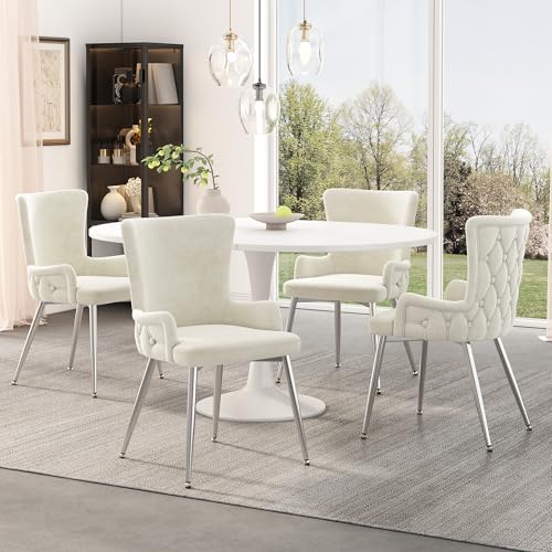 LUTUTU Samt-Esszimmerstuhl, 2er-Set, luxuriöser Wohnzimmer-Schlafzimmer-Loungesessel mit Vier goldfarbenen Metallstützbeinen, Beige + Silver LUTUTU Samt-Esszimmerstuhl, 2er-Set, luxuriöser Wohnzimmer-Schlafzimmer-Loungesessel mit Vier goldfarbenen Metallstützbeinen, Beige + Silver von LUTUTU