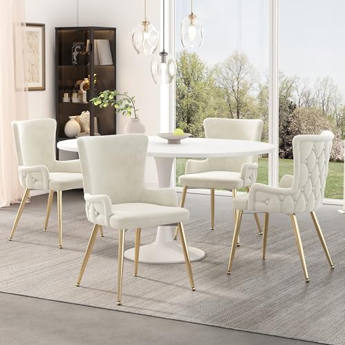 LUTUTU Samt-Esszimmerstuhl, 4er-Set, luxuriöser Wohnzimmer-Schlafzimmer-Loungesessel mit Vier goldfarbenen Metallstützbeinen, Beige von LUTUTU