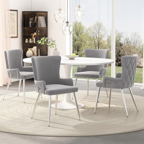 LUTUTU Samt-Esszimmerstuhl, 4er-Set, luxuriöser Wohnzimmer-Schlafzimmer-Loungesessel mit Vier goldfarbenen Metallstützbeinen, Grau von LUTUTU