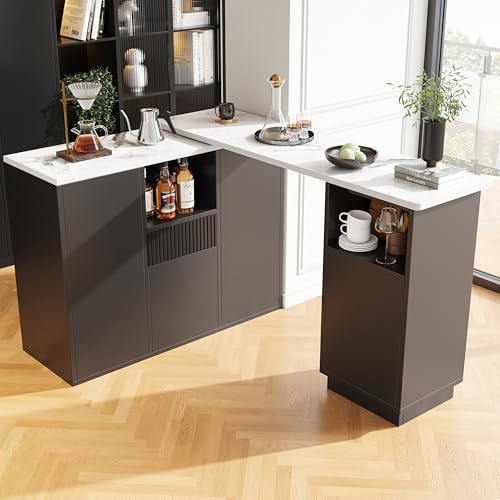 Um 360° drehbarer Bartisch (Hauptkörper 198,5 x 30 x 75 cm), modernes und schlichtes schwarzes Design, mit offenem Stauraum und Marmor-Arbeitsplatte, multifunktionale Aufbewahrungsinsel (Schwarz) von LUTUTU
