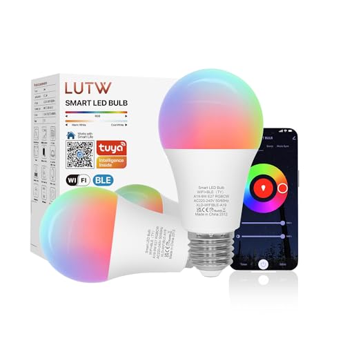 LUTW Alexa Lampe E27, Smarte WLAN Glühbirne RGB 2700K-6500K Mehrfarbige Dimmbare Birne, 9W 900lm Bluetooth &WiFi 2.4GHz, Kompatibel mit Alexa Echo, Google Home, 2 Stück (Kein Hub Notwendig) von LUTW