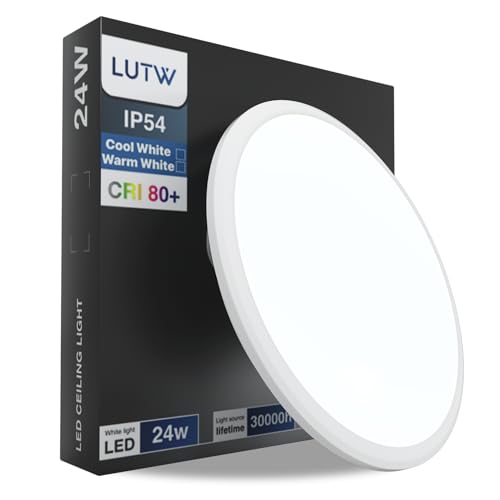 LUTW Deckenlampe LED 24W, LED Deckenleuchte Flach Rund Kaltweiß 6500K 2400lm, Badezimmer Lampe IP54 Wasserfest, Badlampe Decke Modern für Wohnzimmer Schlafzimmer Küche, Ø30CM von LUTW