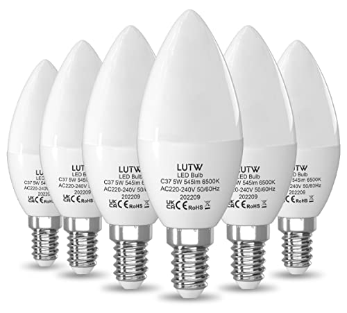 LUTW E14 LED Kerze Lampe, 5W C37 Glühbirne Kerzenform ersetzt 40W Halogen Leuchtmittel, 545LM 6500K Kaltweiß LED Birne, 160° Abstrahlwinkel, Energiesparlampe, Nicht Dimmbar, 6er-Pack von LUTW