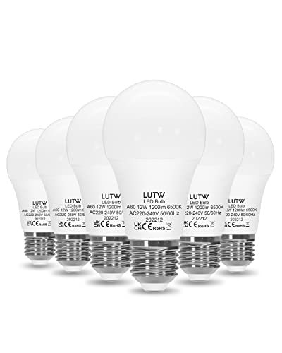 LUTW E27 LED Lampe, 12W LED Birne ersetzt 100 Watt Glühbirne E27, 6500 Kelvin Kaltweiß A60 Leuchtmittel 1200LM, 220° Abstrahlwinkel Energiesparlampe, Nicht Dimmbar, 6 Stück von LUTW