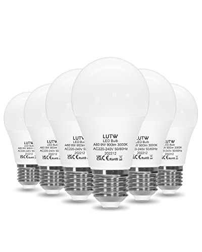 LUTW E27 LED Lampe, 9W LED Birne ersetzt 60 Watt Glühbirne E27, 3000 Kelvin Warmweiß A60 Leuchtmittel 900LM, 220° Abstrahlwinkel Energiesparlampe, Nicht Dimmbar, 6 Stück von LUTW