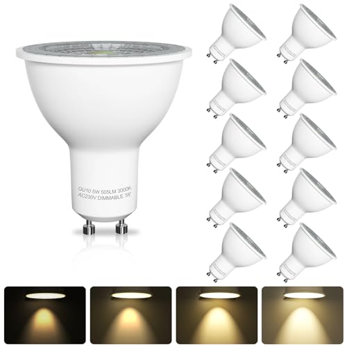 LUTW GU10 LED Warmweiss Dimmbar Lampen, 5W 3000K 505 Lumen LED Leuchtmittel Spotlight, Ersetzt 50W Halogenlampe, Abstrahlwinkel 38° Reflektor Dimmbare Glühbirnen, Energiesparlampe, 10Stück von LUTW