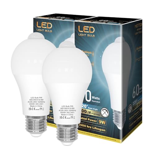 LUTW Glühbirne mit Bewegungsmelder, 9W E27 LED Lampe mit Bewegungsmelder Ersetzt 60W, 6000K Kaltweiß 900lm, 220° Abstrahlwinkel Energiesparlampe für Flur, Garage, Balkon, Treppe, 2er Set von LUTW