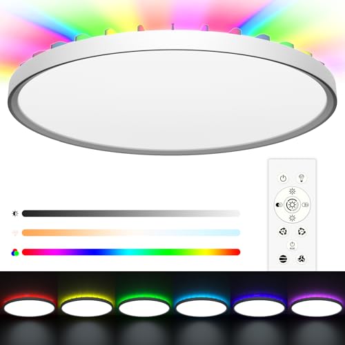 LUTW LED Deckenleuchte Dimmbar mit Fernbedienung, 24W RGB Farbwechsel LED Deckenlampe 2700K-6500K 2400LM IP54, Flach Rund Deckenbeleuchtung für Wohnzimmer Schlafzimmer Kinderzimmer Küche Ø300*H22mm von LUTW