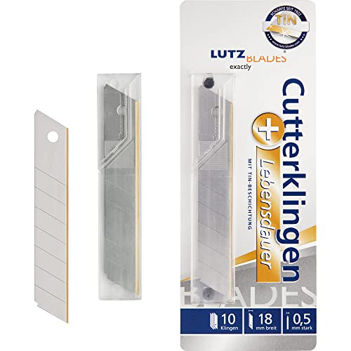 LUTZ BLADES Profi Cutterklingen TiN, Cuttermesser Klingen 18mm, 0,5mm stark, Ersatzklingen für Cutter- und Teppichmesser, TiN-Beschichtung für extra lange Lebensdauer, für Pappe, Teppich und mehr von LUTZ BLADES exactly