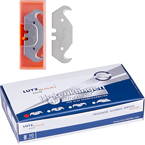 LUTZ BLADES Profi Hakenklingen, Cuttermesser Klingen 18mm 0,65mm stark, 100 Klingen in 10er Spendern, Ersatzklingen für gängige Cutter- und Teppichmesser, für Vinyl, Linoleum, Tapeten und mehr von LUTZ BLADES exactly