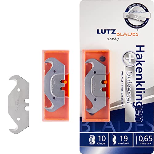 LUTZ BLADES Profi Hakenklingen, Cuttermesser Klingen 18mm 0,65mm stark, Ersatzklingen für alle gängigen Cutter- und Teppichmesser im 10er-Spender, für Vinyl, Teppich, Linoleum, Tapeten und mehr von LUTZ BLADES exactly