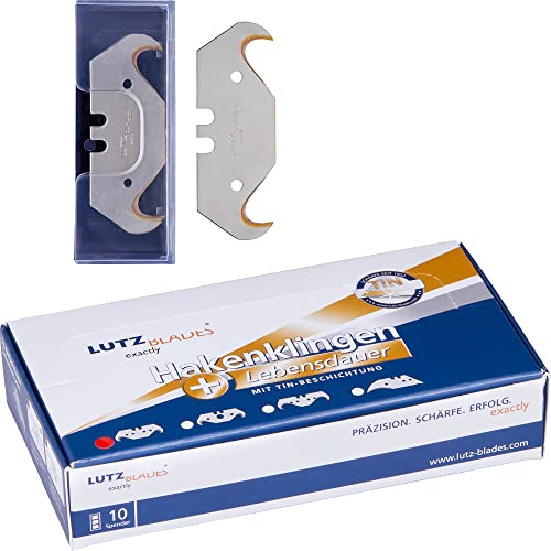 LUTZ BLADES Profi Hakenklingen TiN, Cuttermesser Klingen 18mm 0,65mm stark, 100 Klingen in 10er Spendern, Ersatzklingen für Cutter- und Teppichmesser,TiN-Beschichtung für extra lange Lebensdauer von LUTZ BLADES exactly