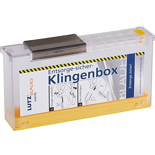 LUTZ BLADES Entsorge-Sicher-Klingenbox | Safety Box für gebrauchte Cuttermesser Klingen, Hakenklingen, Trapezklingen und gängige Rasierklingen | mit dauerhafter Verriegelung | von LUTZ in Solingen von LUTZ BLADES exactly