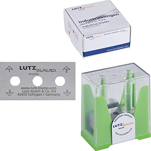 LUTZ BLADES Profi Dreilochklingen | 50 Stk. im Dispenser | 0,1mm dick | 22mm breit | Karbonstahl Klingen von LUTZ in Solingen | Industrieklingen| Rasierklingen | made in Germany von LUTZ BLADES exactly