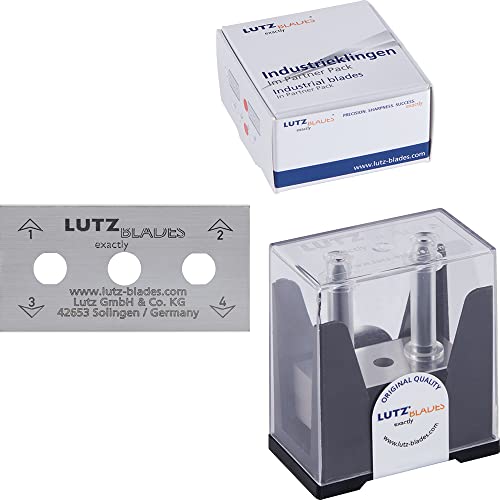 LUTZ BLADES Profi Dreilochklingen | 50 Stk. im Dispenser | 0,3mm dick | 22mm breit | Karbonstahl Klingen von LUTZ in Solingen | Industrieklingen| Rasierklingen | made in Germany von LUTZ BLADES exactly