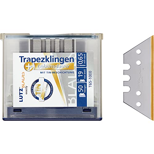 LUTZ BLADES Profi Trapezklingen TiN | extra Lebensdauer 50 Stk. 0,65mm Karbonstahl Klingen von in Solingen Teppichmesser Cutter Ersatzklingen für Bodenbeläge, Tapeten, Gold, T65-1000 50SC von LUTZ BLADES exactly