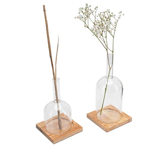 LUUK LIFESTYLE Flaschen Vase Set, Vase Deko Set, Glas Vase für eine Blume, Flaschen Stil, Tischvase, skandinavisches dänisches Design, Deko Glas, Vase für langstielige Blumen, Holzuntersetzer von LUUK LIFESTYLE