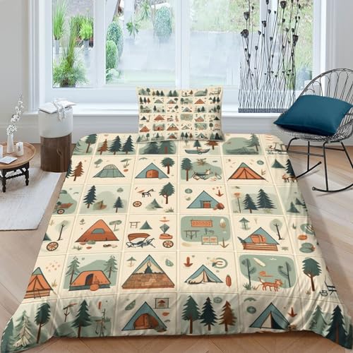 LUUKS Camping Bettbezug Set 3D Gedruckter Kariertes Patchwork Bettwäschegarnitur Für Kinder Mädchen Jungen Bettwäsche Reissverschluss Und Kissenbezüge Weich Microfaser 3 Teilig Single（135x200cm） von LUUKS