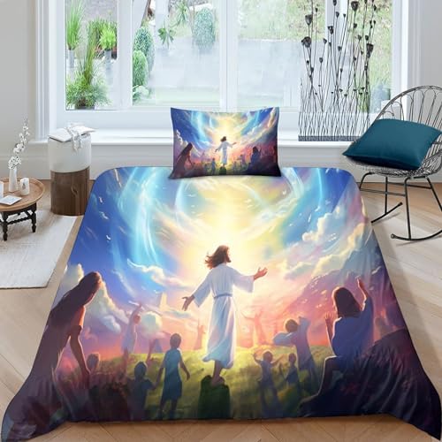 LUUKS Jesus 3D Gedruckter Christentum Bettbezug Set Für Kinder Mädchen Jungen Bettwäschegarnitur Und Kissenbezüge Weich Microfaser Reissverschluss Bettwäsche 3 Teilig Single（135x200cm） von LUUKS