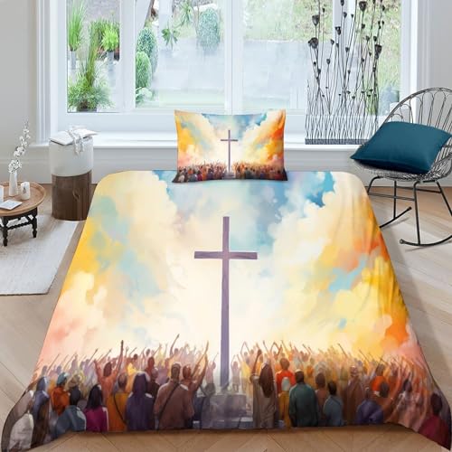 LUUKS Jesus Kreuz Für Kinder Mädchen Jungen 3D Gedruckter Gott Gott Bettbezug Set Bettwäschegarnitur Weich Microfaser Reissverschluss Bettwäsche Und Kissenbezüge 3 Teilig Single（135x200cm） von LUUKS