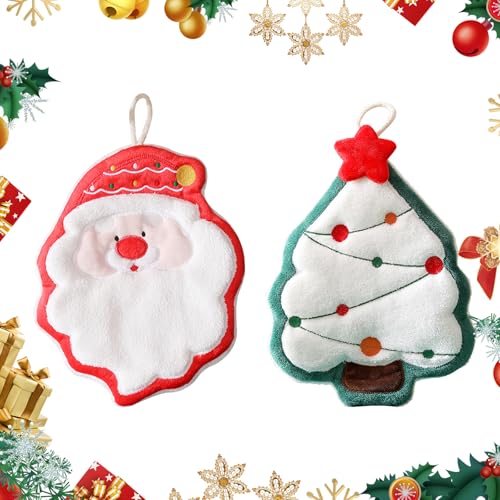 2 Pcs Weihnachten Kinder Handtuch Weihnachts Frottiertuch Set Saugfähige Weihnachten Handtücher mit Aufhängerschlaufe Weihnachten Hängende Handtücher für Heim Badezimmer Küche (Weihnachtsbaum, Santa) von LUVDECO