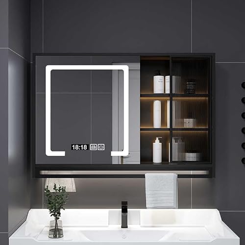 LUVEOLSIT Spiegelschrank Bad mit Beleuchtung, Badezimmer apothekerschrank badschrank, großer Wand-Schrank mit Spiegel mit Antibeschlagfunktion, Dimmer, Uhr und Temperatur(Nero,110CM/43.3IN) von LUVEOLSIT