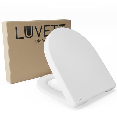 LUVETT® WC-Sitz mit Absenkautomatik D140 D-Form Soft Close® & TakeOff EasyClean Abnahme, hygienisch & beständig Duroplast WC-Deckel mit 3in1 Edelstahl Scharnier-Set, Farbe:Weiß von LUVETT