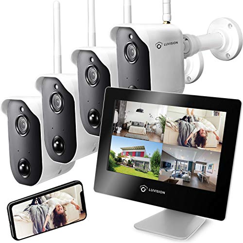 LUVISION Akku Überwachungskamera Full HD und Touchscreen Monitor Funk kabellos mit Bewegungserkennung Gegensprechanlage Nachtsicht App Solar + Überwachungssystem [Set 4 x Kamera 1 x Monitor] von LUVISION