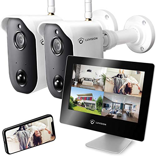 LUVISION Akku-Überwachungskamera Überwachungssystem mit Monitor Set Funk kabellos Bewegungserkennung Gegensprechanlage Nachtsicht App Solar + Überwachungssystem [Set 2 x Kamera 1 x Monitor] von LUVISION