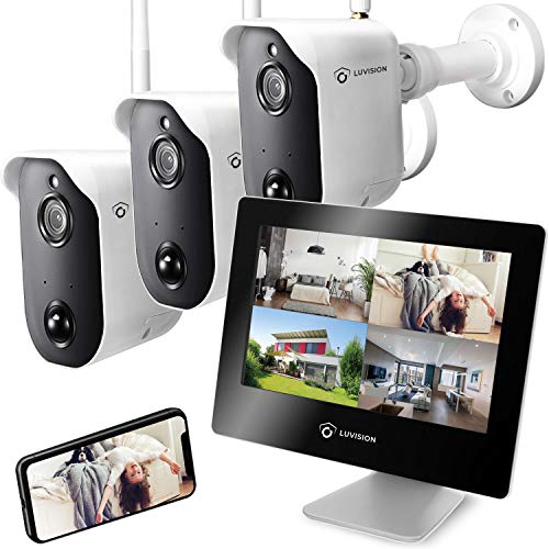 LUVISION Full HD Akku Überwachungssystem Kamera Set mit Monitor Funk kabellos mit Bewegungserkennung Gegensprechanlage App Solar + Flutlicht kompatibel [Set 3X Kamera 1x Touchscreen Monitor] von LUVISION