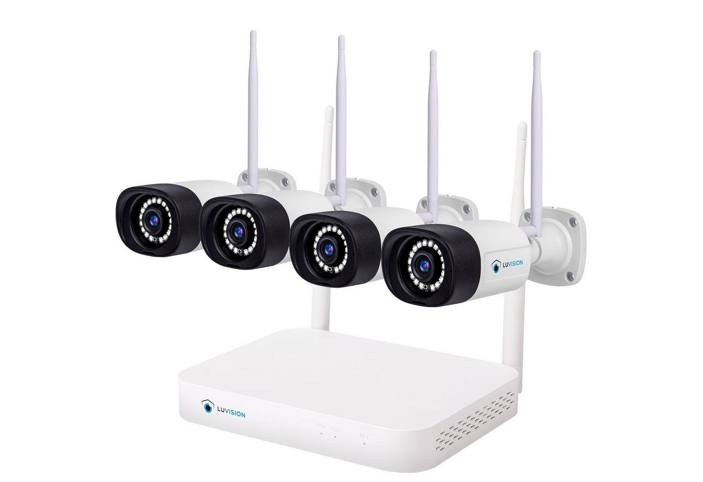LUVISION Überwachungskamera (Außen- und Innenbereich, 4-tlg., WLAN Funk Überwachungssystem 4 x IP Überwachungskamera Mikrofon, Cloud, Audio, 10 Kanal NVR, Smarte farbige Nachtsicht) von LUVISION