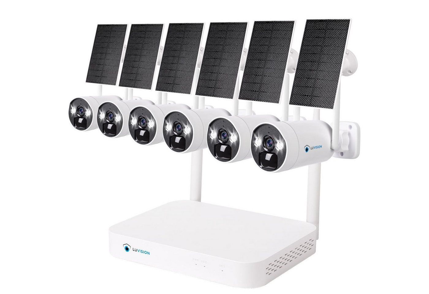 LUVISION Überwachungskamera (Außen- und Innenbereich, 6-tlg., WLAN Solar Akku Überwachungssystem 4MP 6 x Überwachungskamera Mikrofon, Cloud, 2-Wege Audio, 10 Kanal NVR, Solarpanel, Batterie, Smartlicht) von LUVISION