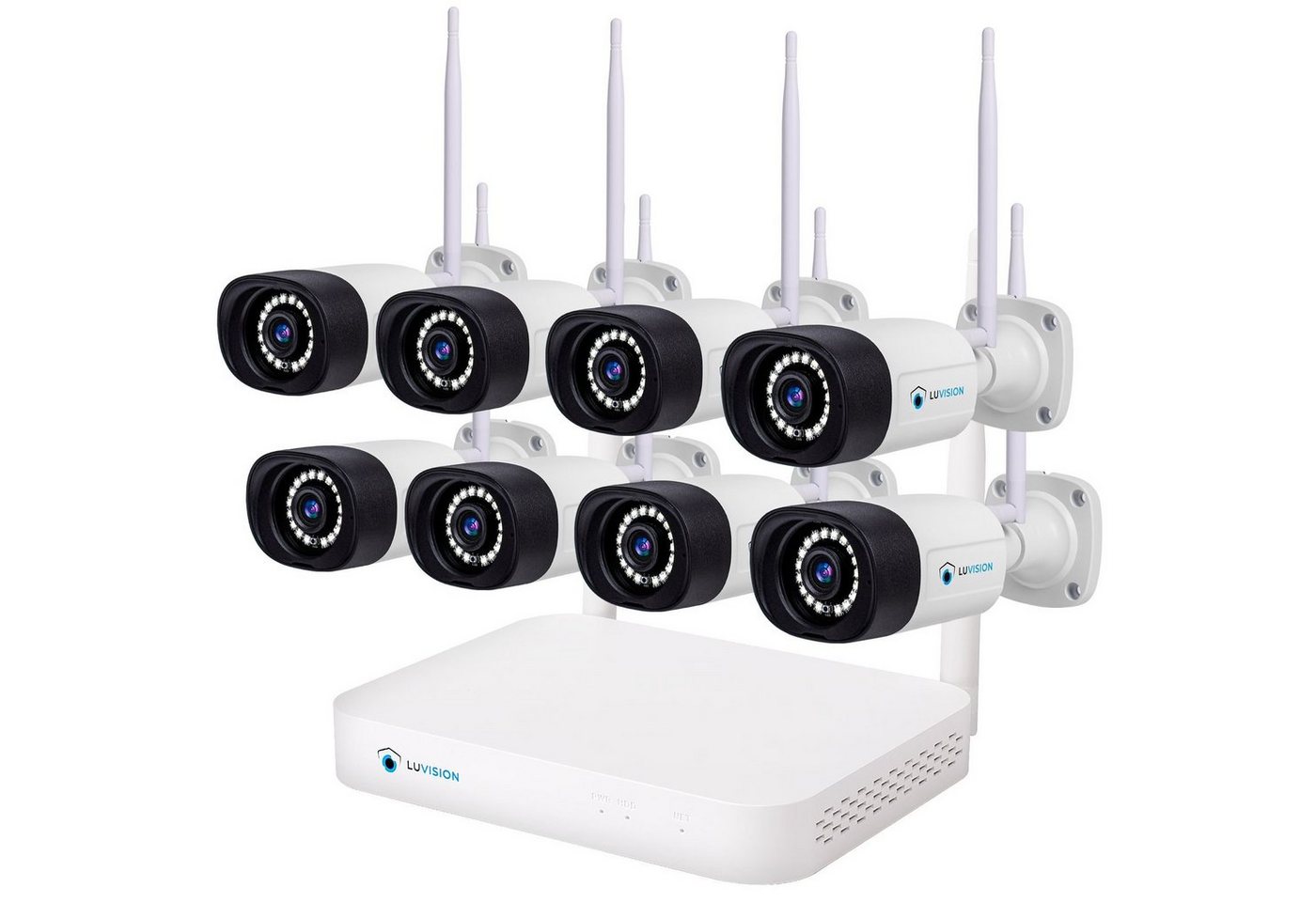 LUVISION Überwachungskamera (Außen- und Innenbereich, 8-tlg., WLAN Funk Überwachungssystem 8 x IP Überwachungskamera Set Mikrofon, Cloud, Audio, 10 Kanal NVR, Smarte farbige Nachtsicht) von LUVISION